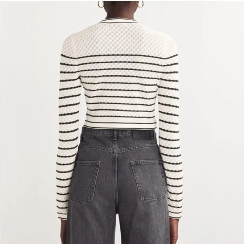 SANDRO Cropped White and Black Striped Cardigan Gold Hardware Buttons Sz 2 = Med